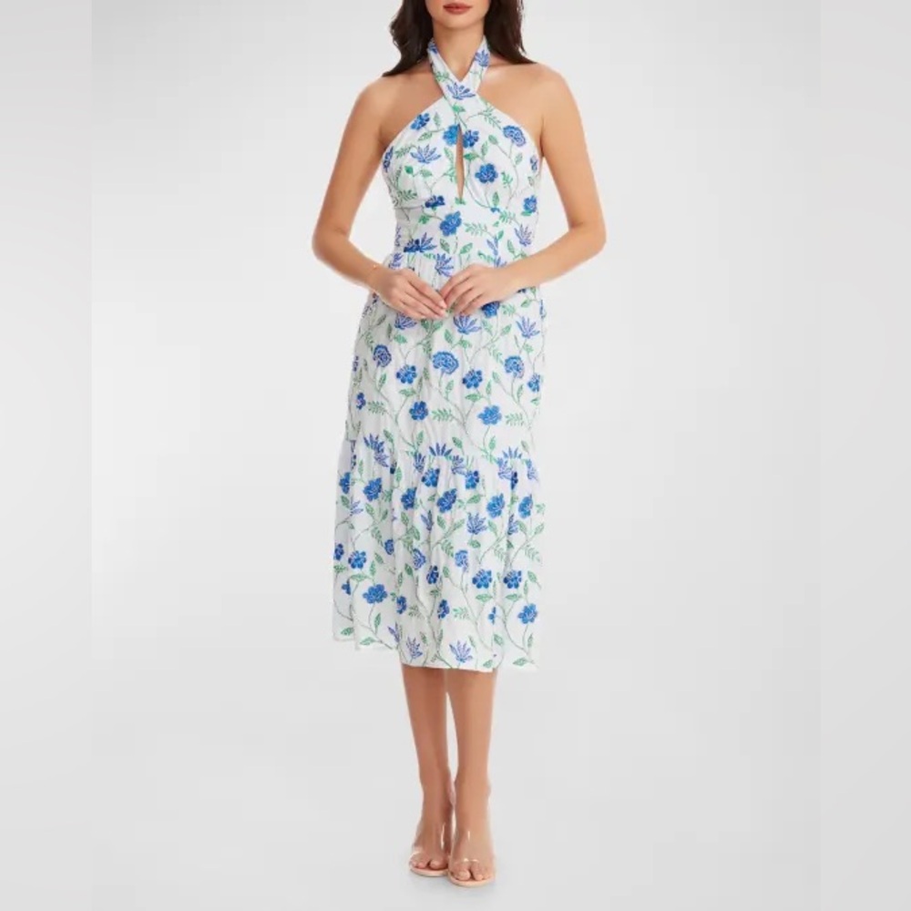 Dress the Population Floral Metallic Gabby Beaded Embroidered Halter Midi Dress